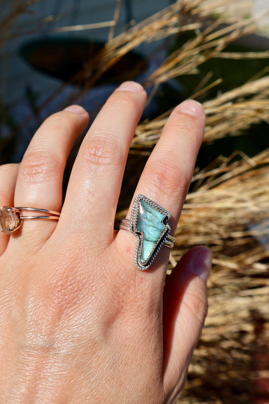 Labradorite Lightning Bolt Ring - Size 9.75