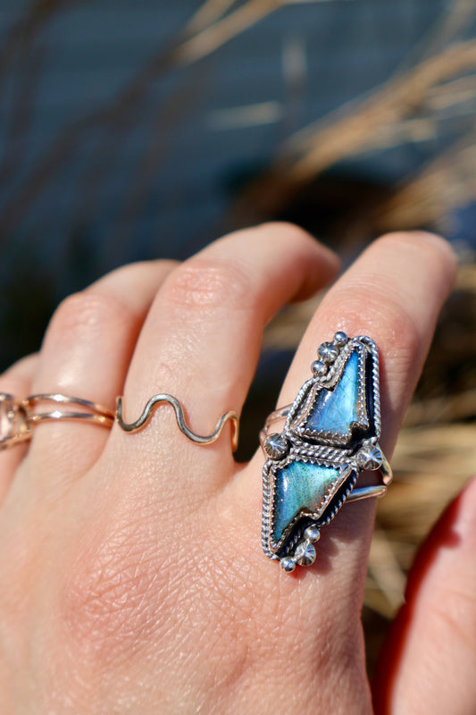 Labradorite Double Lightning Bolt Ring - Size 8.5