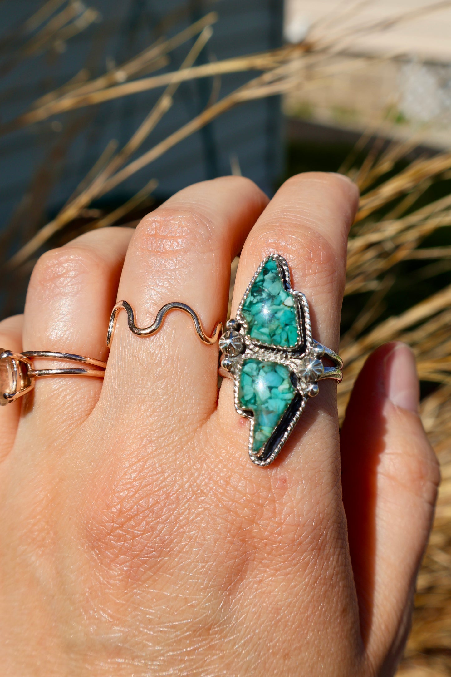 Crushed Turquoise Lightning Bolt Ring - Size 9