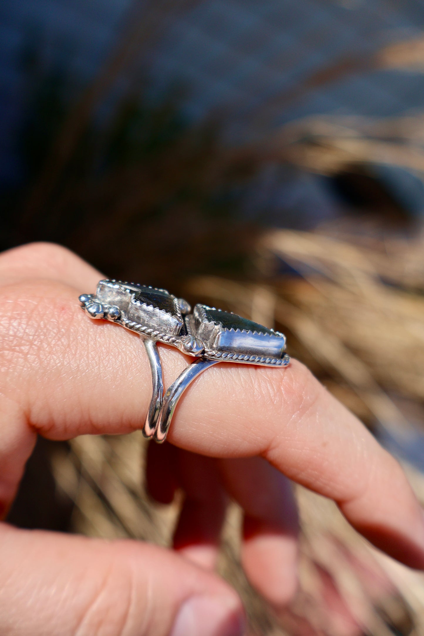 Labradorite Double Lightning Bolt Ring - Size 8.5