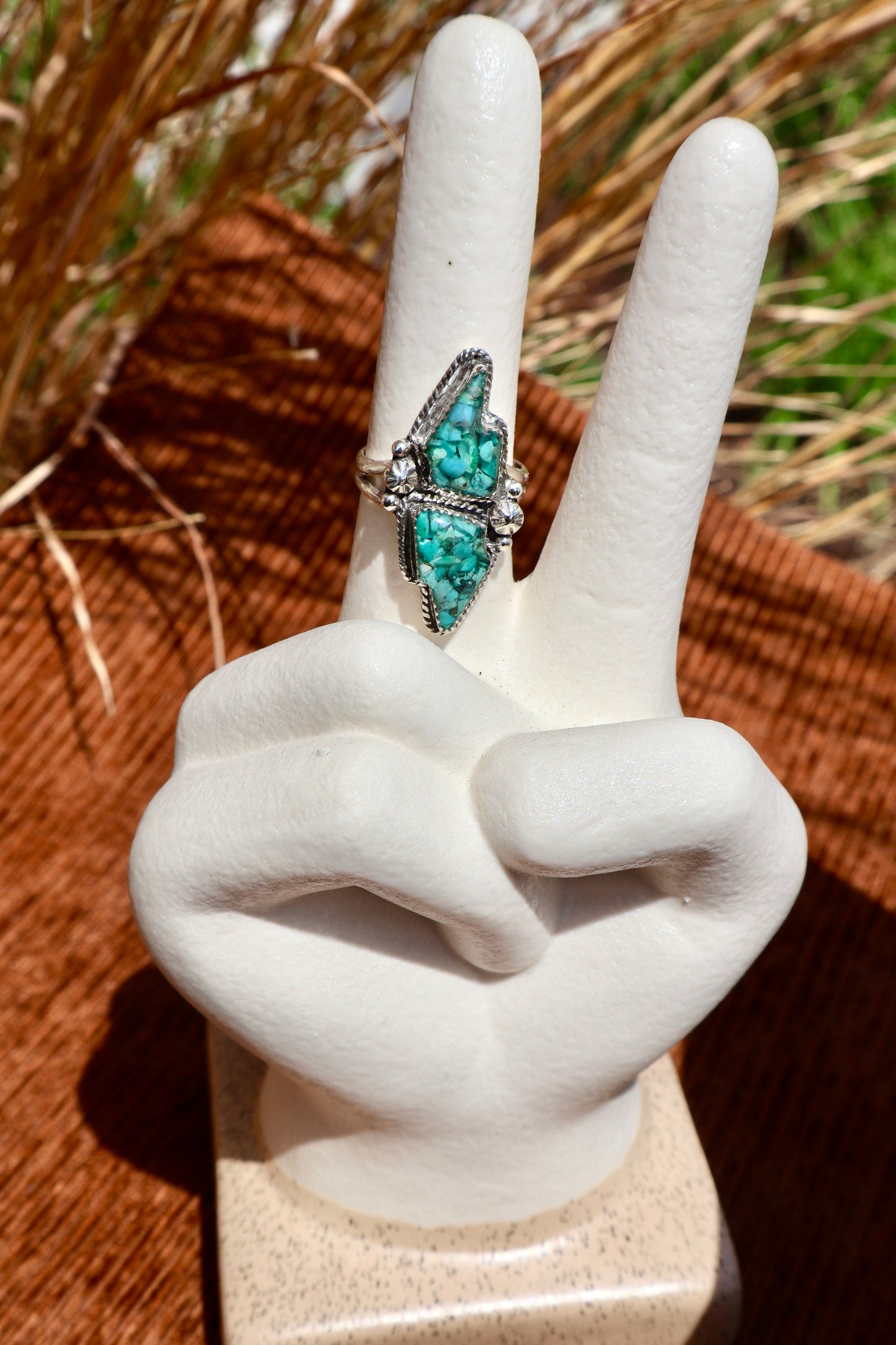 Crushed Turquoise Lightning Bolt Ring - Size 9